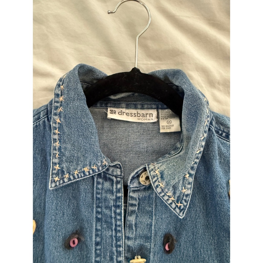 Vintage Dressbarn Cat Appliqué Denim Shirt Jacket 1X Whimsical Cat Lady - Picture 5 of 7